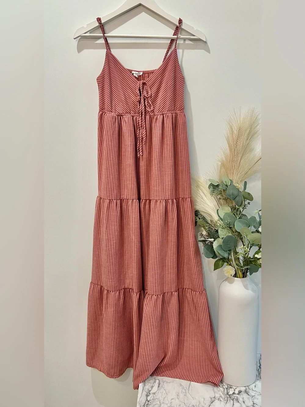 Dusty Pink Striped Tiered Maxi dress - Women's Summer Midi/Maxi